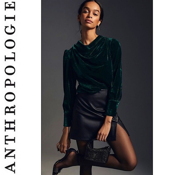 Anthropologie BTFL-life Velvet Pullover Blouse Top Dark Green Size S Drape Neck - Picture 1 of 16